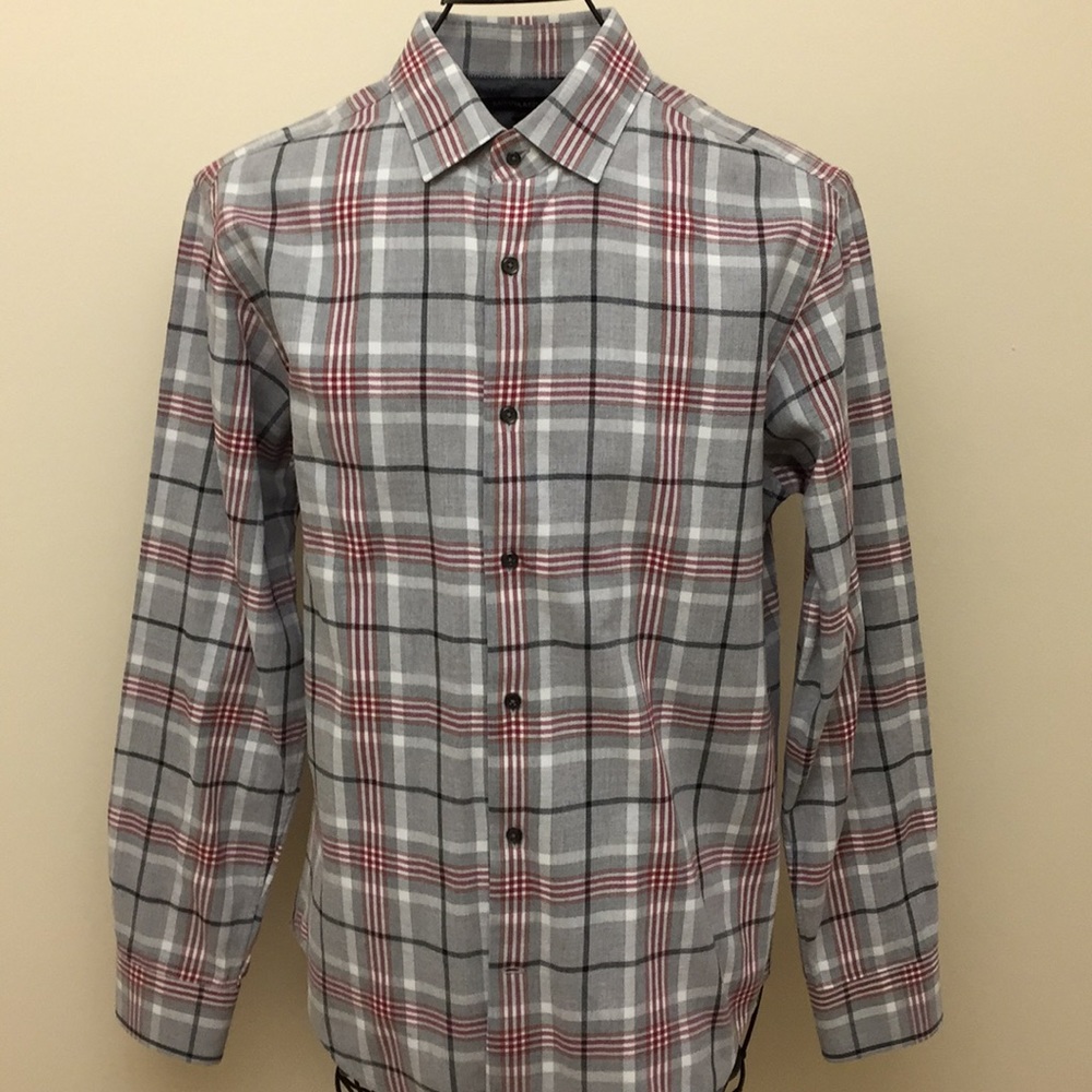 Banana Republic Mens Shirt Plaid Gray Red Orange White Button Up